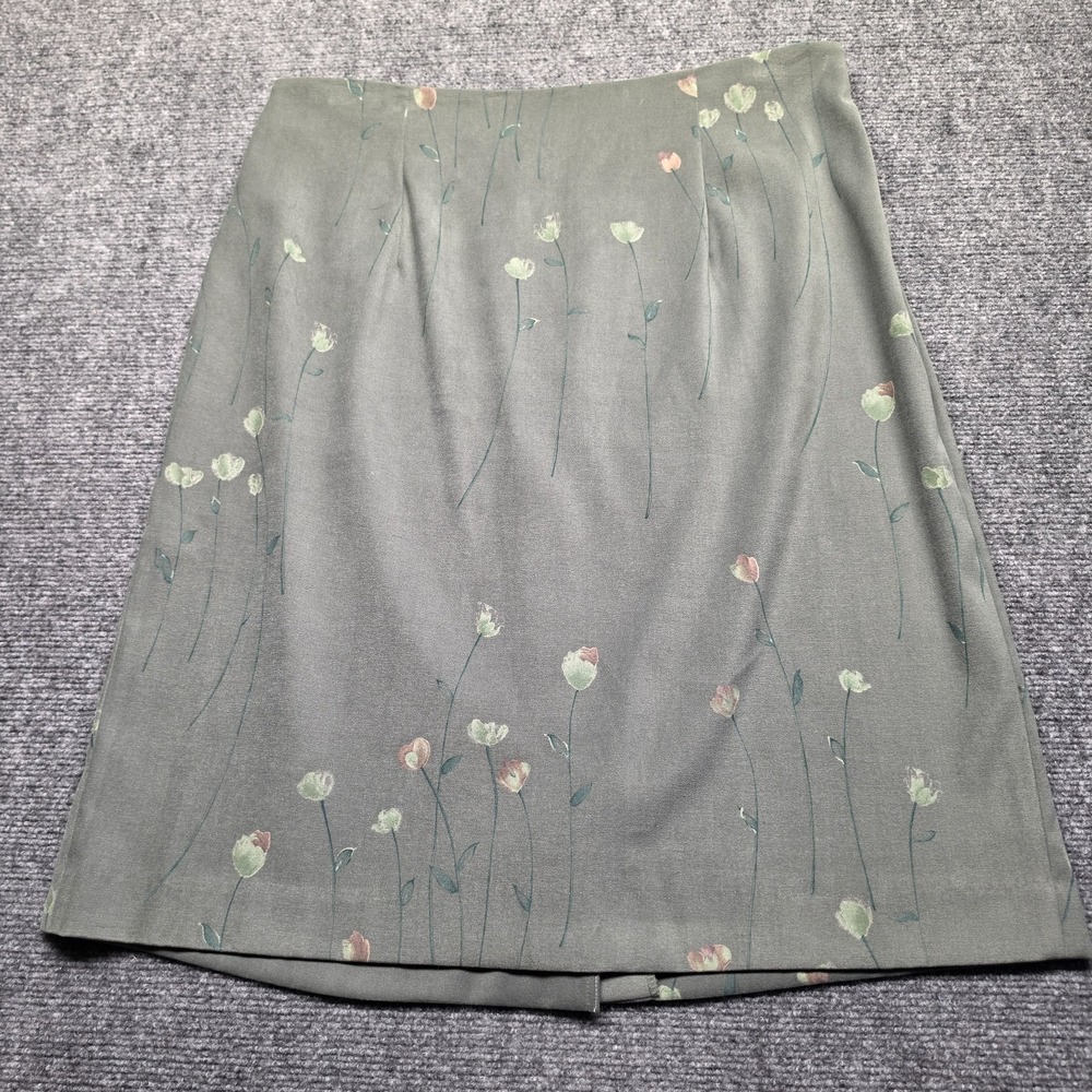 Leslie Fay Vintage 90s Cottagecore Sage Green Floral Pencil Skirt Elastic 16